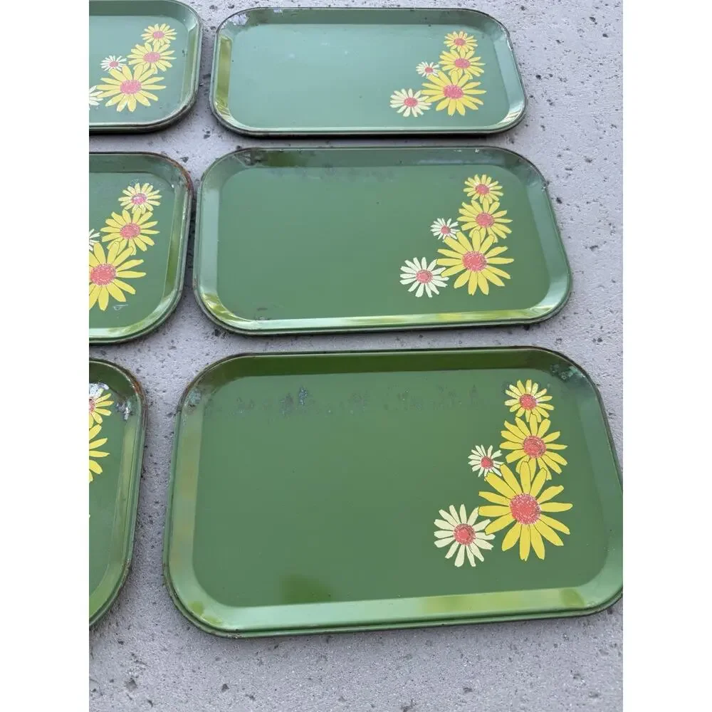 Set of 6 Vintage 60s Metal Tin Trays Avocado Green Daisy Floral Stacking Boho